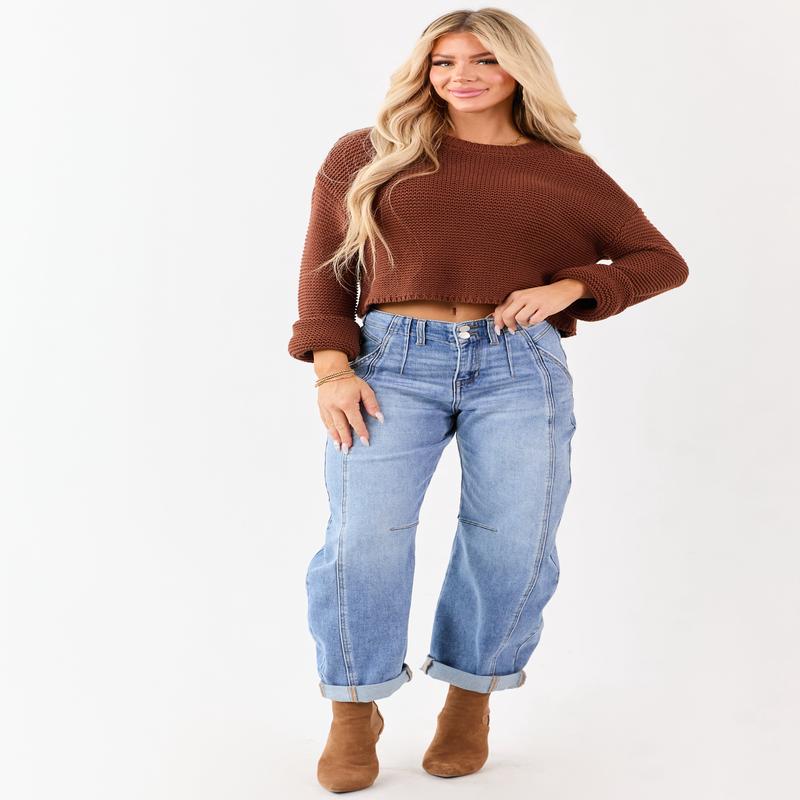 Risen Medium Wash Stretchy Cuffed Barrel Jeans