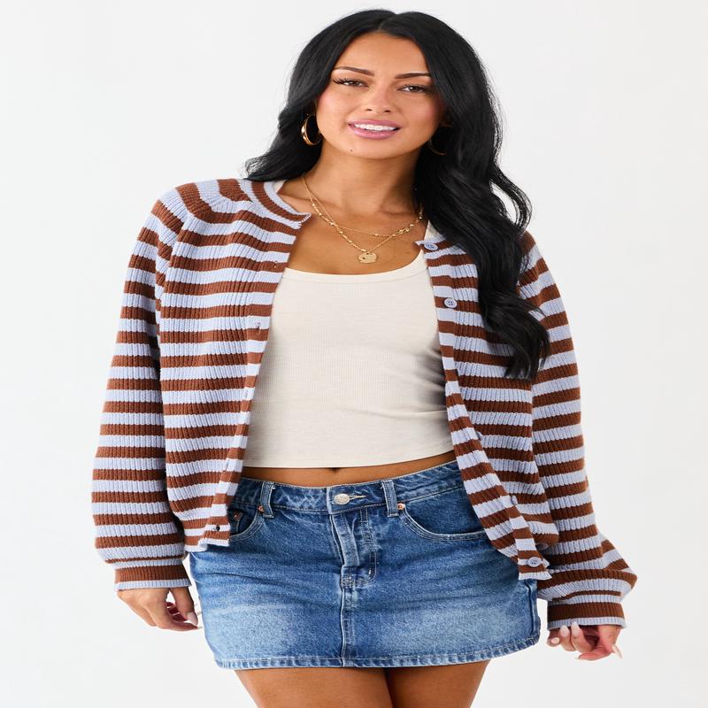 Slate Blue and Spice Striped Button Up Cardigan