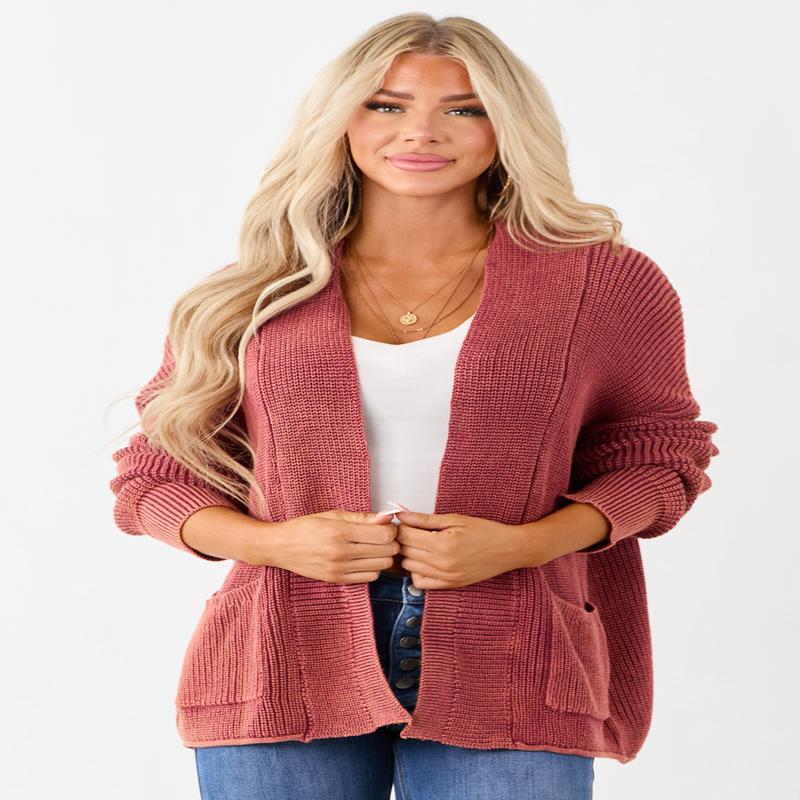 Wine Mineral Wash Open Front Cotton Sweater Cardigan