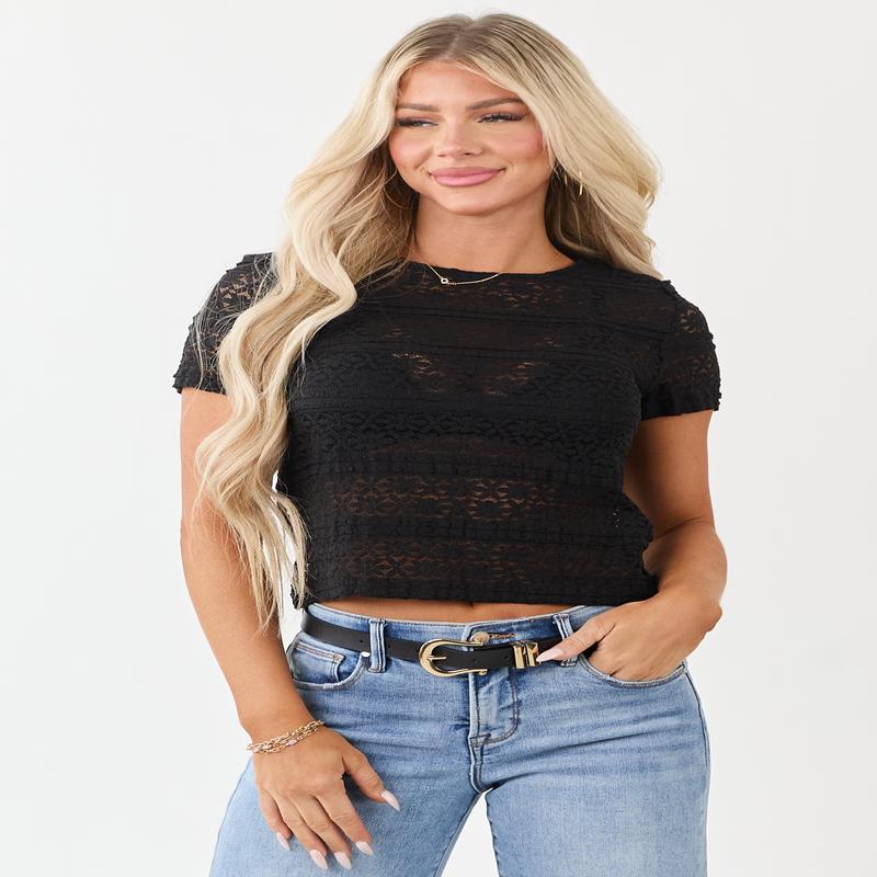 Black Open Floral Lace Fitted Short Sleeve Top