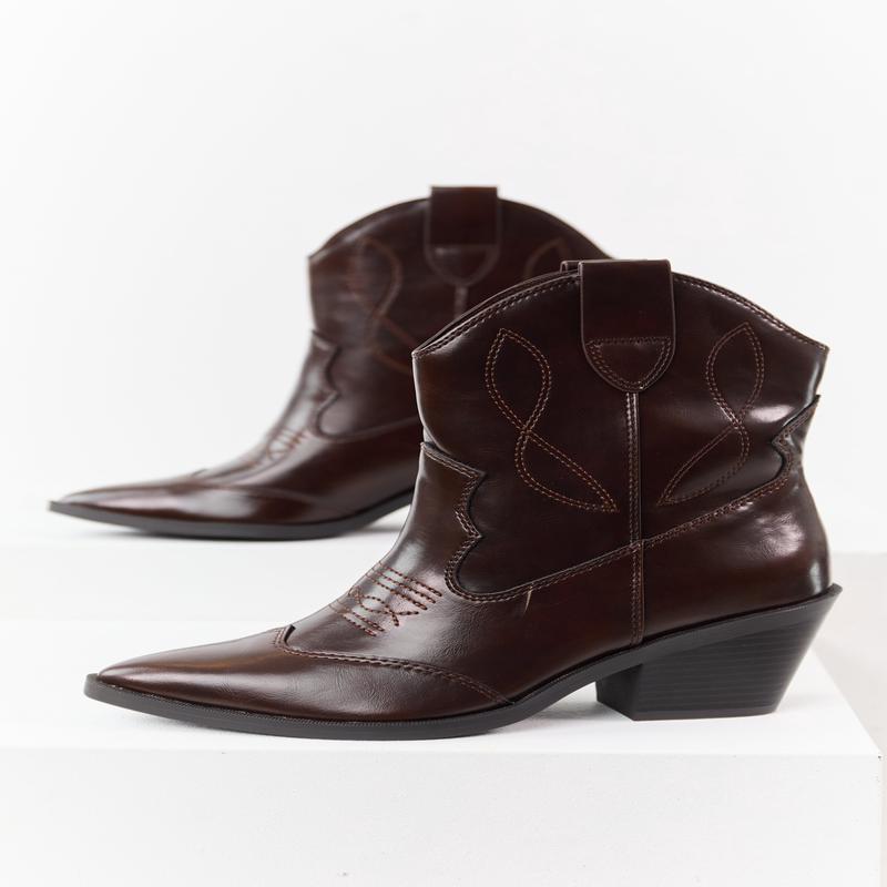 Chocolate Faux Leather Western Style Short Boots