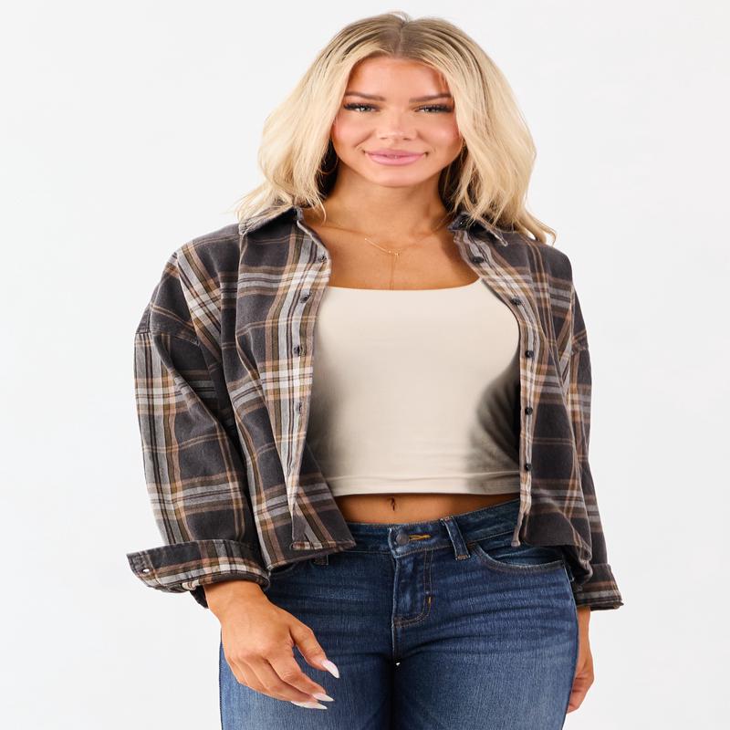 Faded Black Plaid Cotton Button Down Collared Top