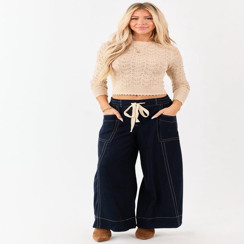 Faded Navy Contrast Stitch Drawstring Wide Leg Pants