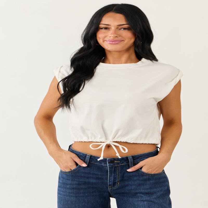 Ivory Rolled Sleeve Drawstring Hem Top
