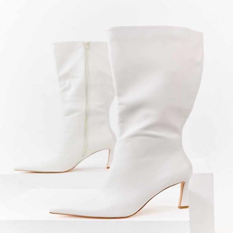 Off White Faux Leather High Heel Tall Boots