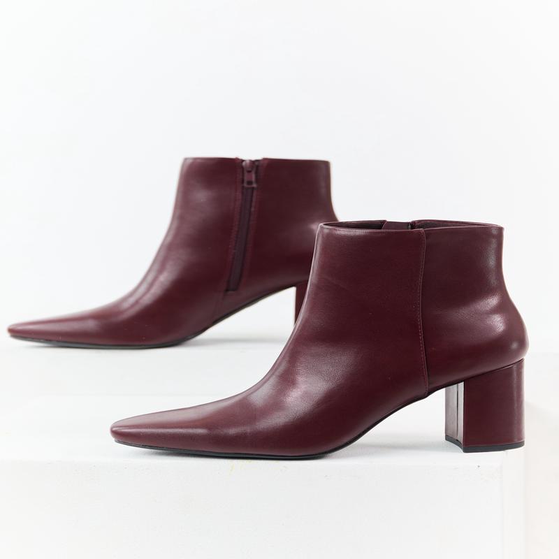 Wine Faux Leather Block Heel Pointed Toe Booties