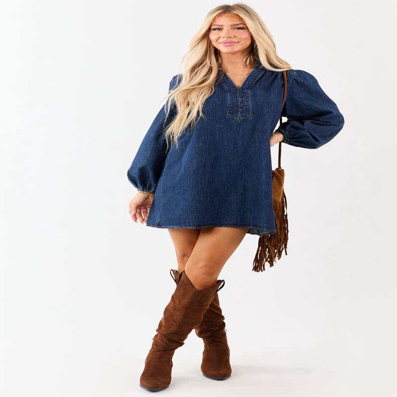 Flying Tomato Dark Wash Denim Long Sleeve Mini Dress