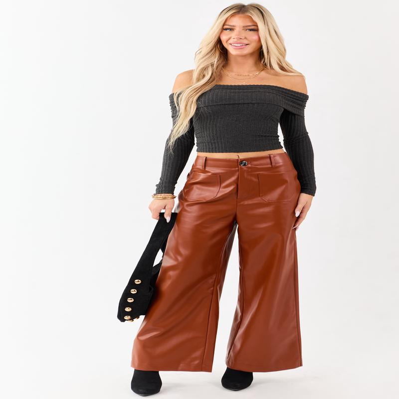 Lovelo Rust Faux Leather Wide Leg Pants