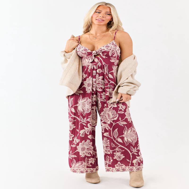 Maroon Floral Print Tie Bust Wide Leg Jumpsuit