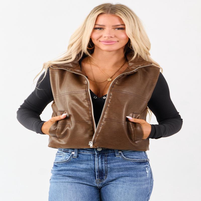 Sepia Washed Faux Leather Mock Neck Puff Vest
