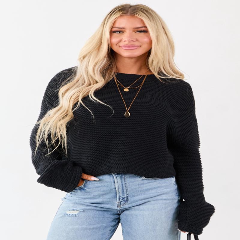 Black Textured Knit Long Sleeve Crop Sweater