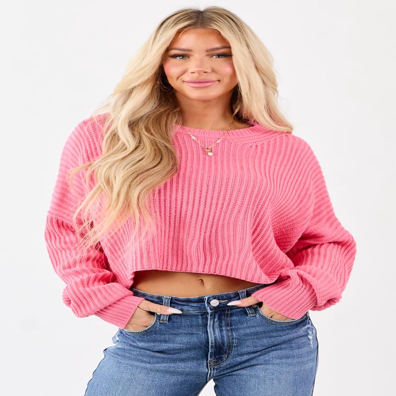 Bubblegum Relaxed Rib Knit Crew Neck Crop Sweater