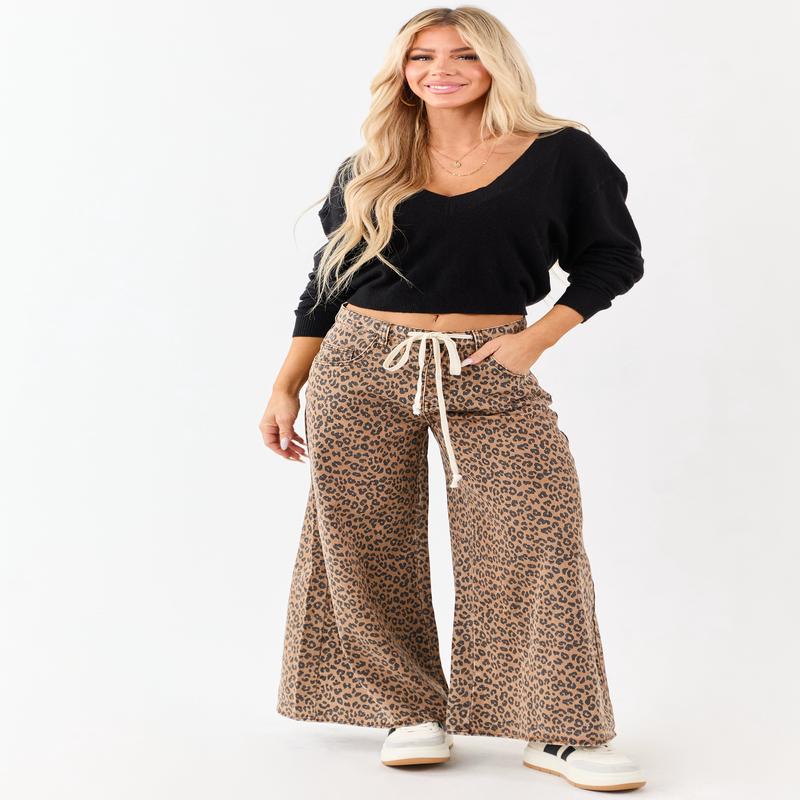 Cognac Leopard Print Wide Leg Drawstring Denim Pants