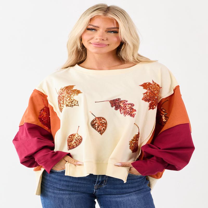 Cream Colorblock Sequin Fall Leaves Cotton Sweatshirt