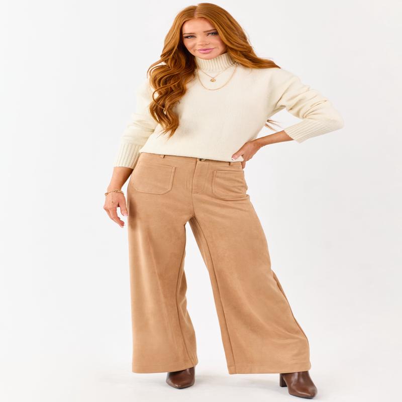 Lovelo Camel Faux Suede Patch Pocket Wide Leg Pants