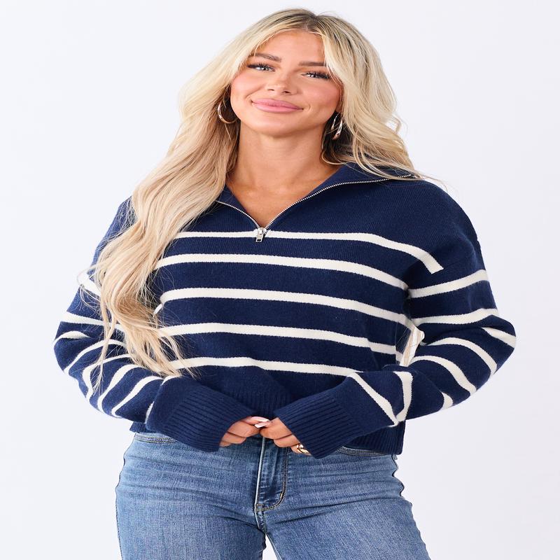 Navy and Cream Striped Half Zip Up Knit Sweater