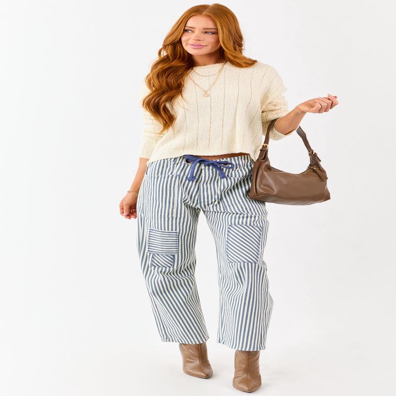 Ocean Striped Waist Tie Wide Patchwork Twill Pants