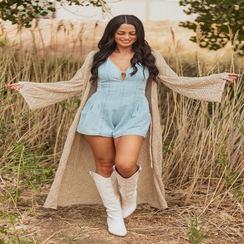 Almond Tie Front Flare Sleeve Knit Duster Cardigan