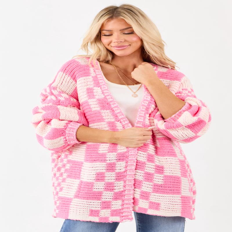 Bubblegum and Ivory Checkered Chunky Knit Cardigan