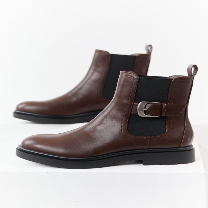 Chocolate Faux Leather Side Buckle Booties