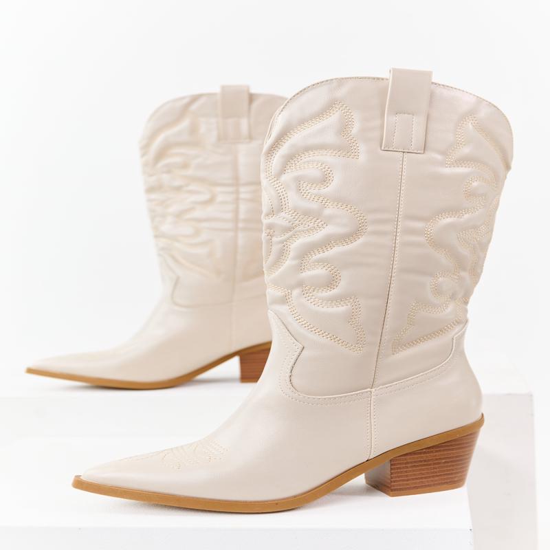 Coconut Faux Leather Embroidered Cowboy Boots