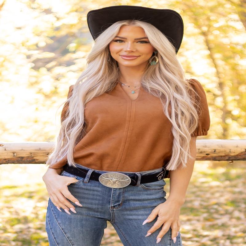 Cognac Faux Suede Half Puff Sleeve V Notch Top