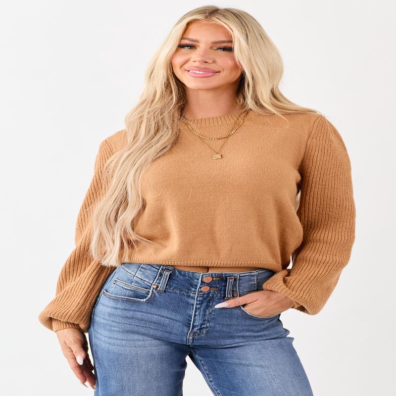 Copper Ribbed Knit Puff Long Sleeve Sweater