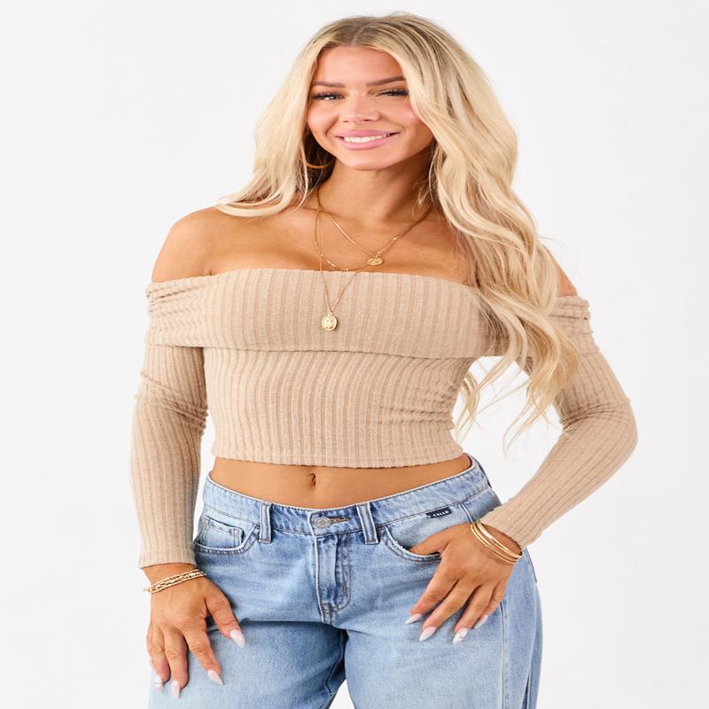 Latte Off the Shoulder Long Sleeve Knit Top