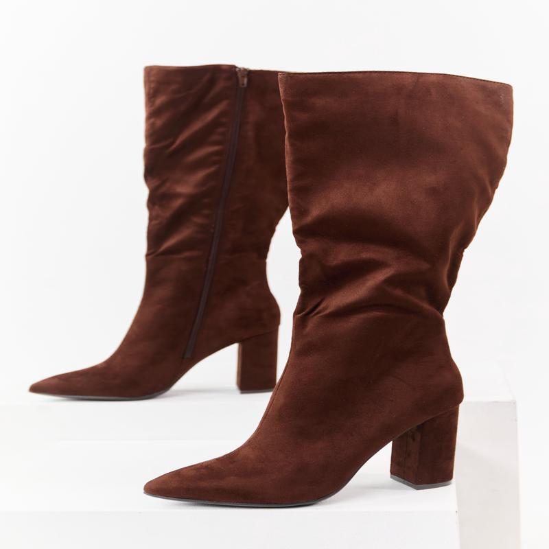 Spice Faux Suede Pointed Toe Block Heel Tall Boots