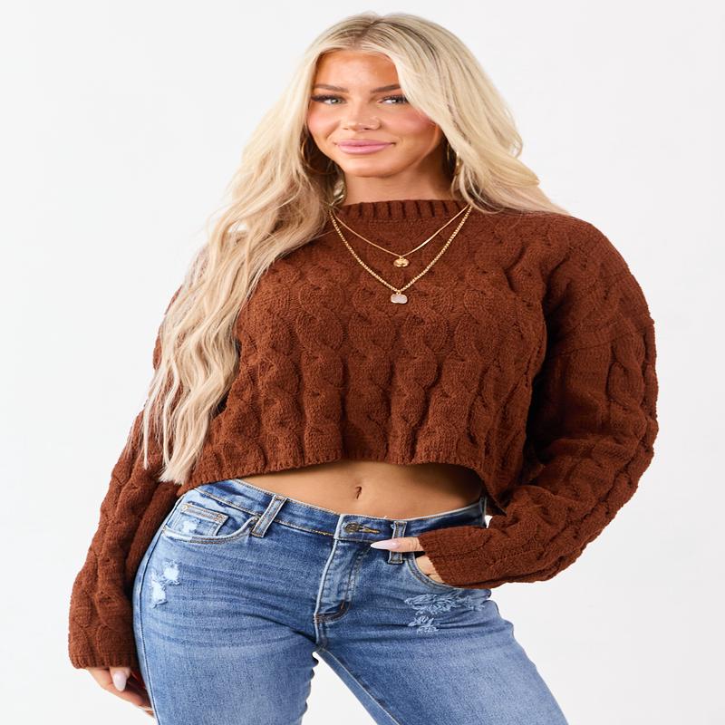 Spice Semi Cropped Chenille Cable Knit Sweater