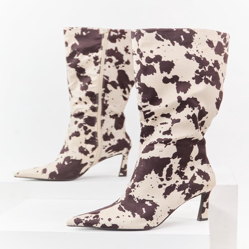 Vanilla Cow Print Faux Suede High Heel Tall Boots