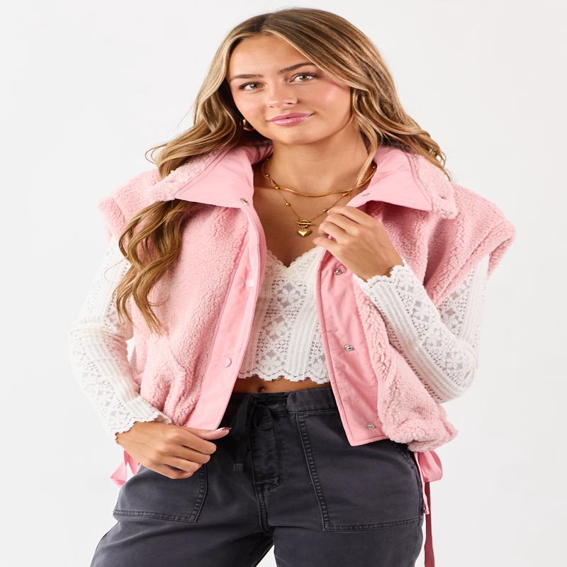 Baby Pink Sherpa Button Down Side Tie Vest