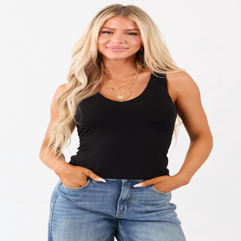 Black Double Layer Knit V-Neck Tank Top