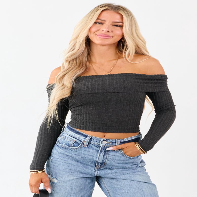 Charcoal Off the Shoulder Long Sleeve Knit Top