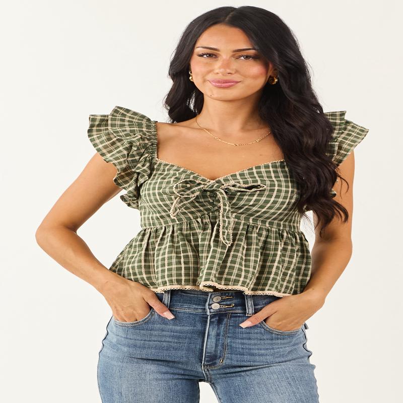 Hunter Green Plaid Bow Front Babydoll Top