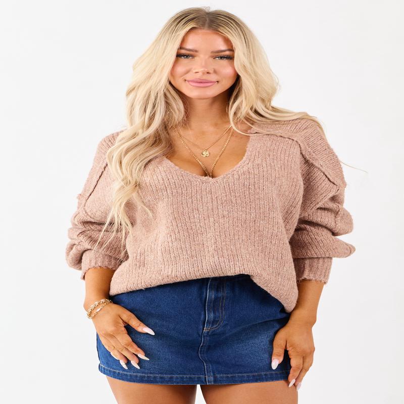 Light Chestnut Overseam Ribbed Knit Sweater