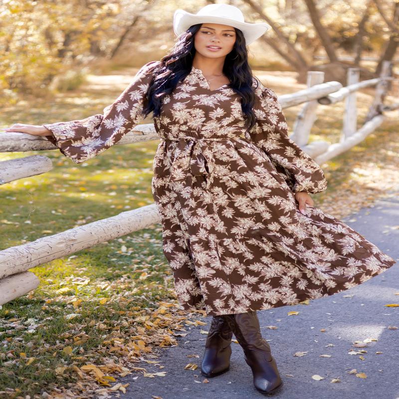 Light Cocoa Floral Waist Tie V-Neck Midi Dress