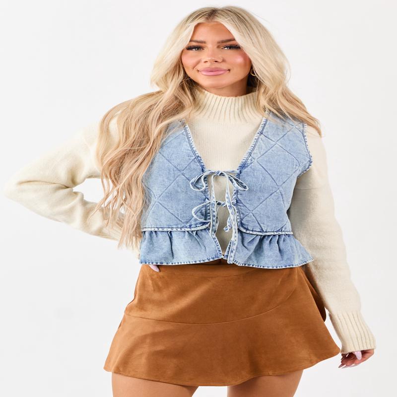 Light Wash Quilted Chambray Front Tie Vest