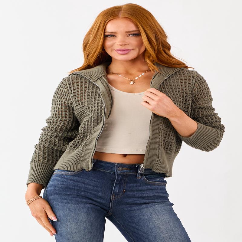 Olive Open Knit Zip Up Cotton Jacket