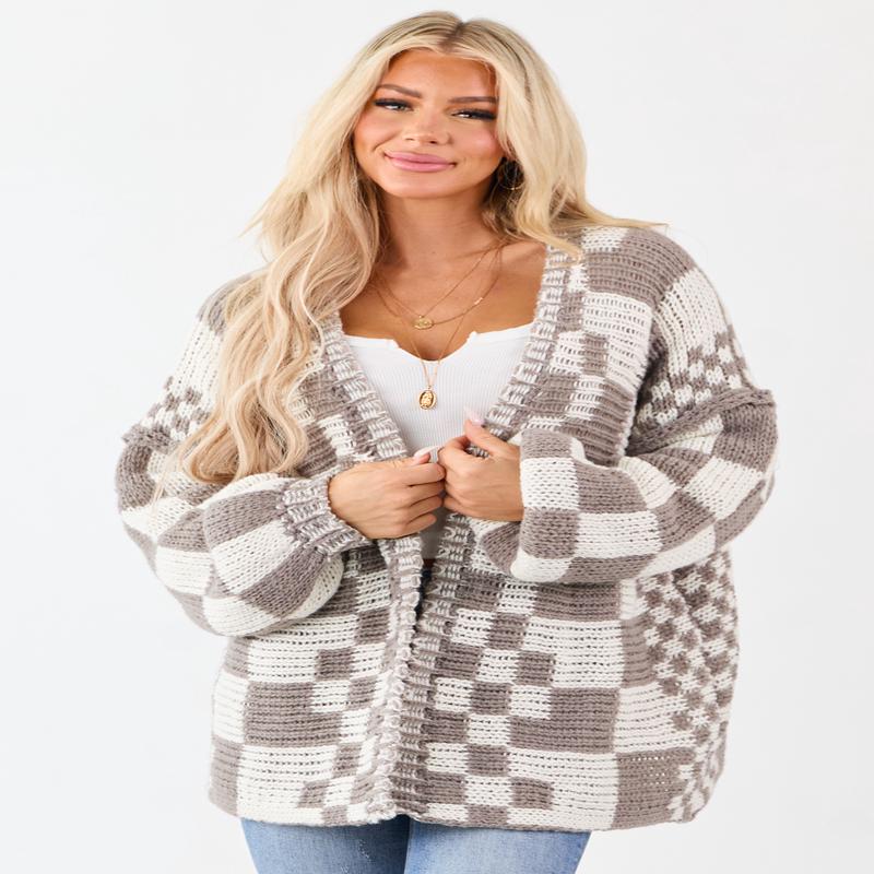 Taupe and Ivory Checkered Chunky Knit Cardigan