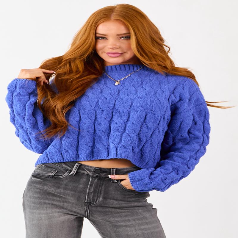 Cobalt Semi Cropped Chenille Cable Knit Sweater