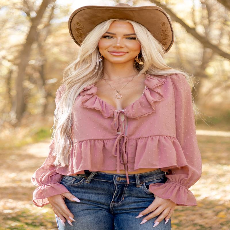 Dusty Rose Swiss Dot Long Sleeve Peplum Blouse