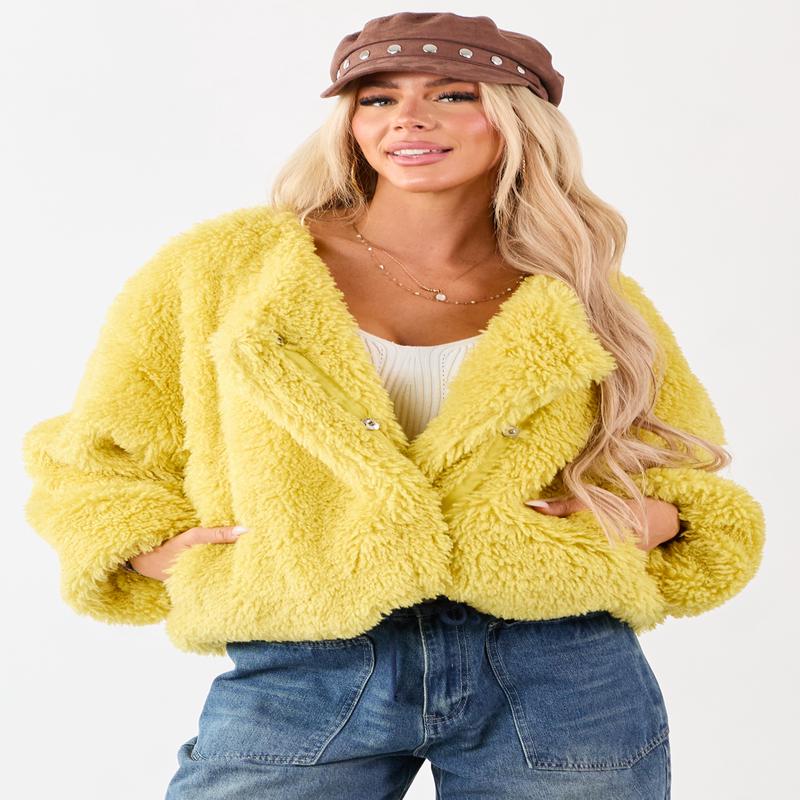 Light Mustard Soft Sherpa Snap Button Up Relaxed Jacket