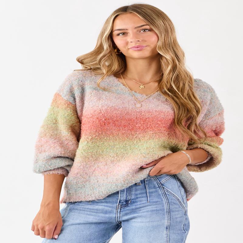 Multicolor Faded Ombre Textured Rib Knit Sweater
