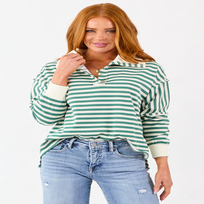Pine and Cream Striped Henley Top