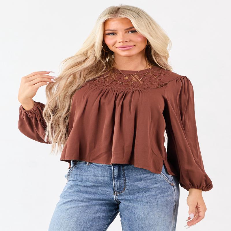 Spice Embroidered Floral Lace Yoke Puff Sleeve Top