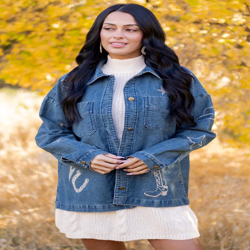 Dark Wash Denim Western Embroidered Shacket