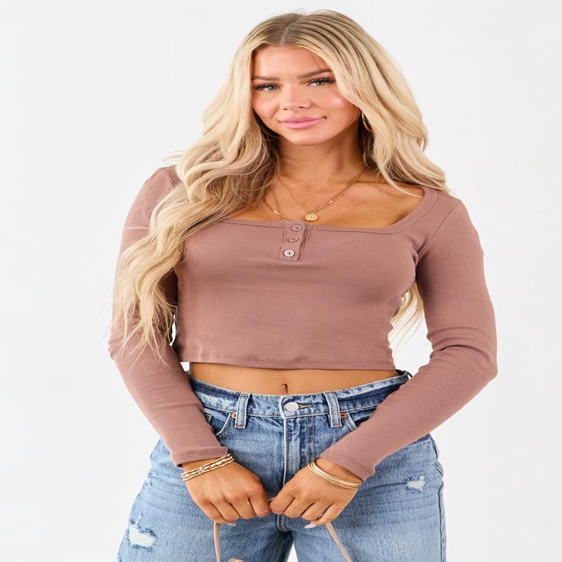 Coffee Long Sleeve Crop Cotton Henley Top