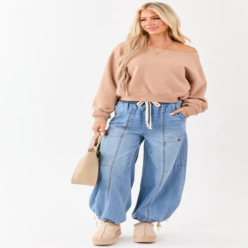 Medium Wash Lightweight Denim Wide Drawstring Pants