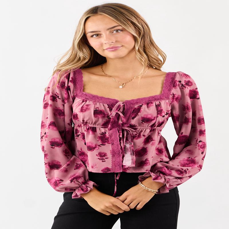 Mulberry Floral Print Lace Trim Open Tie Front Top